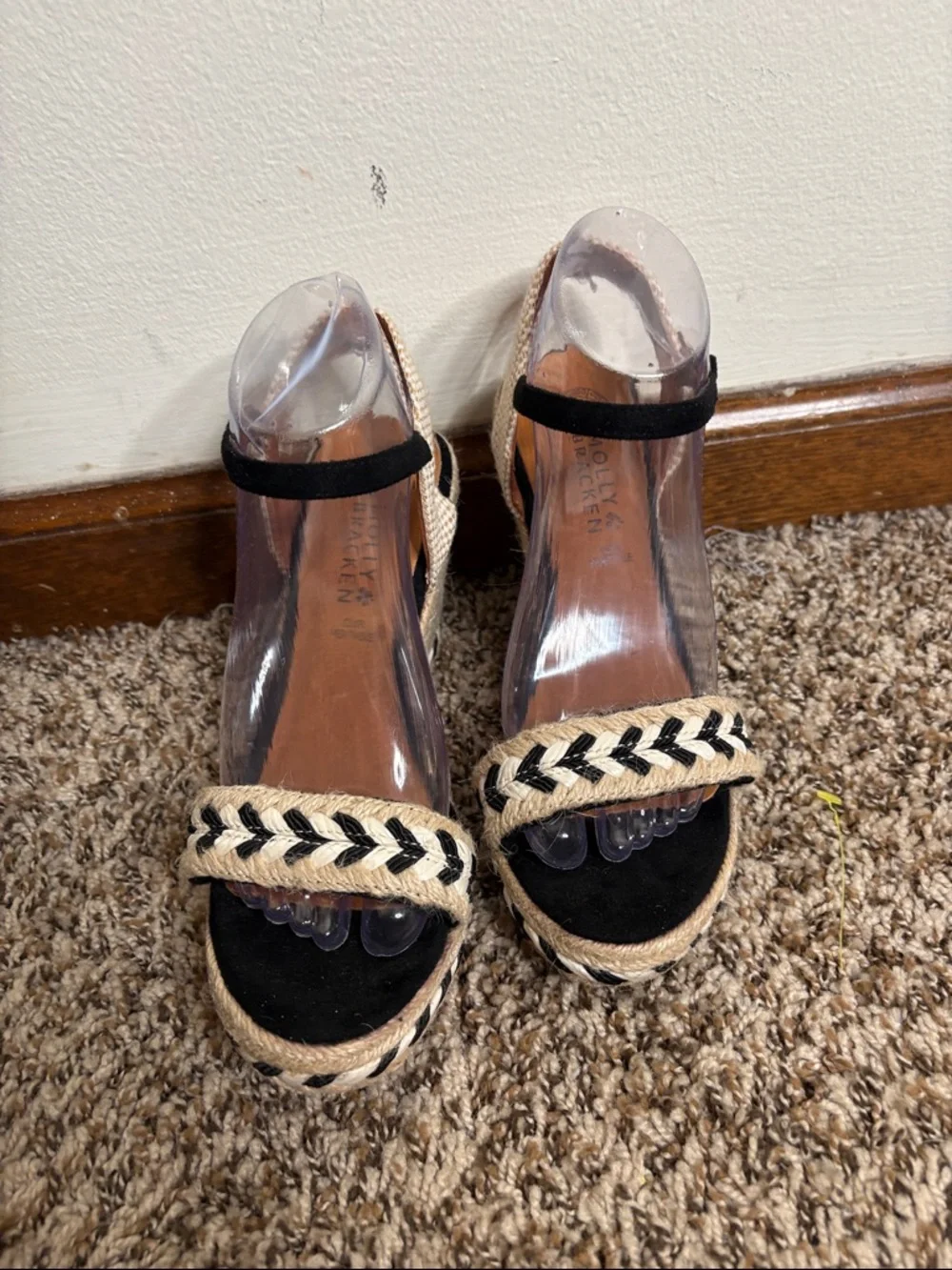 Molly Bracken Black and Natural Braided Espadrille Wedge Sandals - Picture 1 of 4